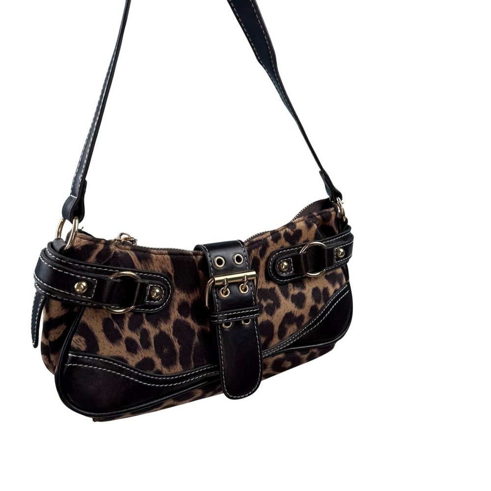 Leopard Print Baguette Shoulder Bag Y2K Bucke Faux Leather Trim Brown VTG